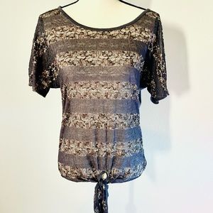 Daytrip Gray Lace Stripe Tie Blouse Medium